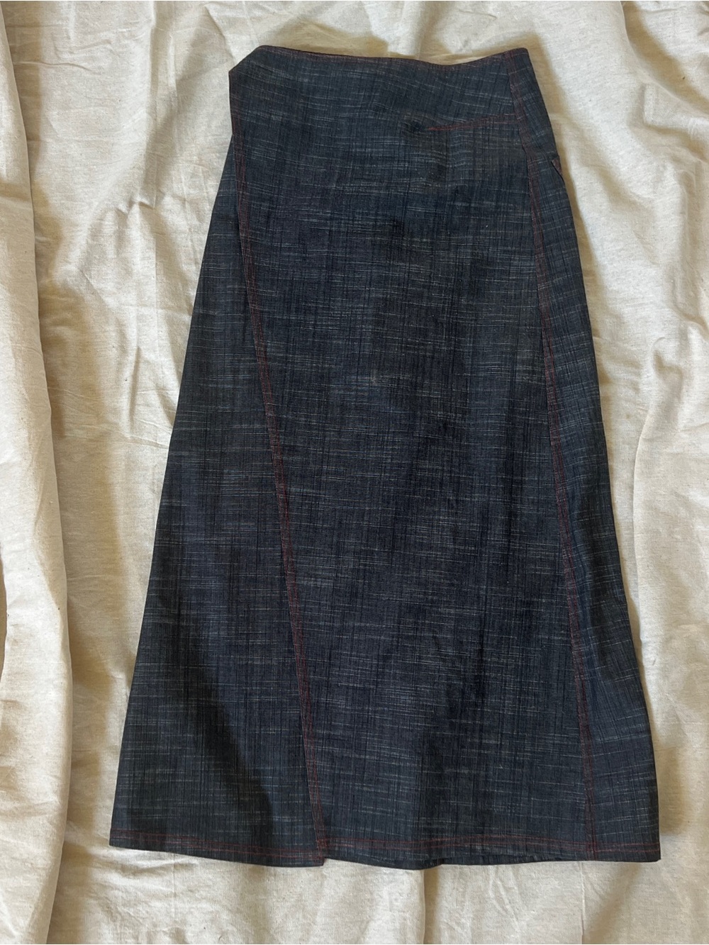 Denim A-Line Midi Skirt with Subtle Red Pinstitch